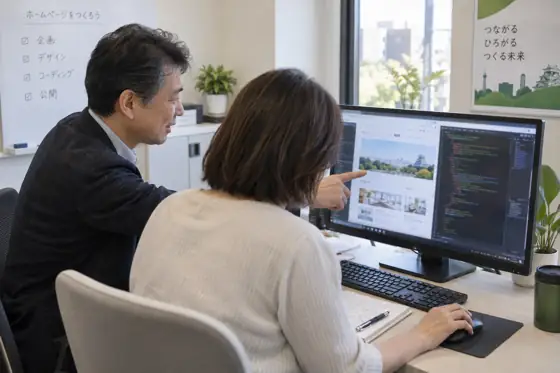 受講者のパソコン画面を一緒に見ながら講師が説明している様子