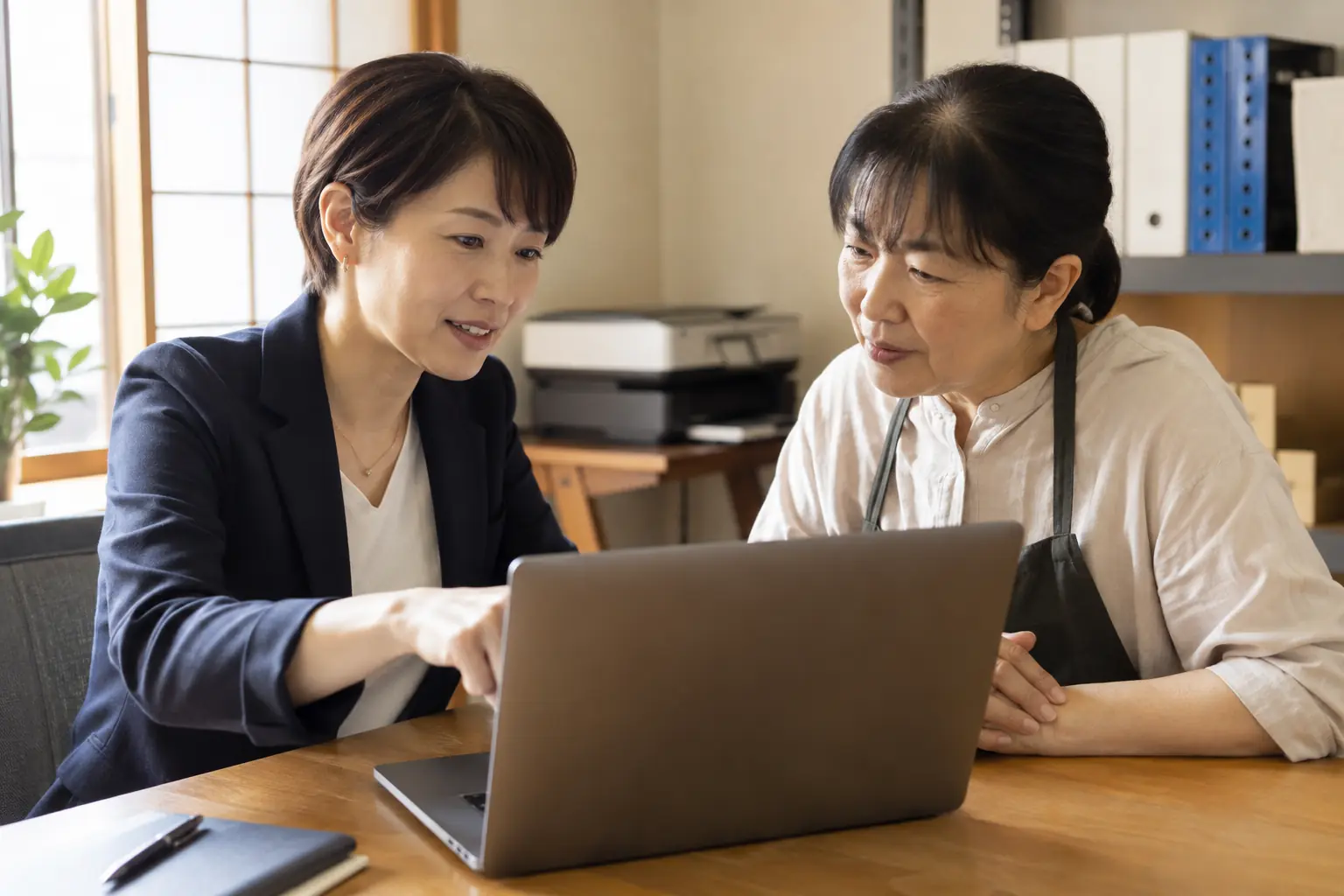 講師が受講者の手元を見ながら教えている様子