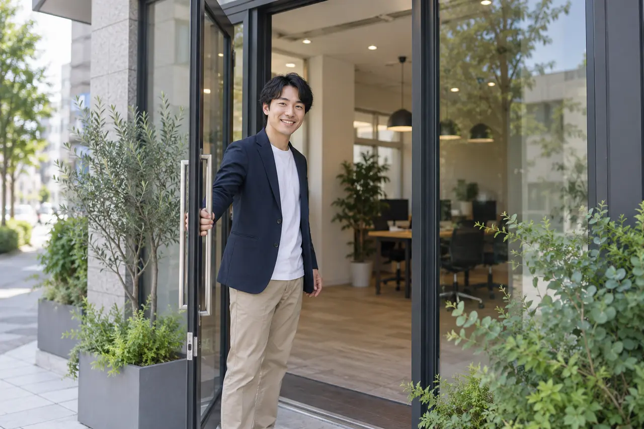 名古屋の事務所でスタッフがお客様を迎える様子