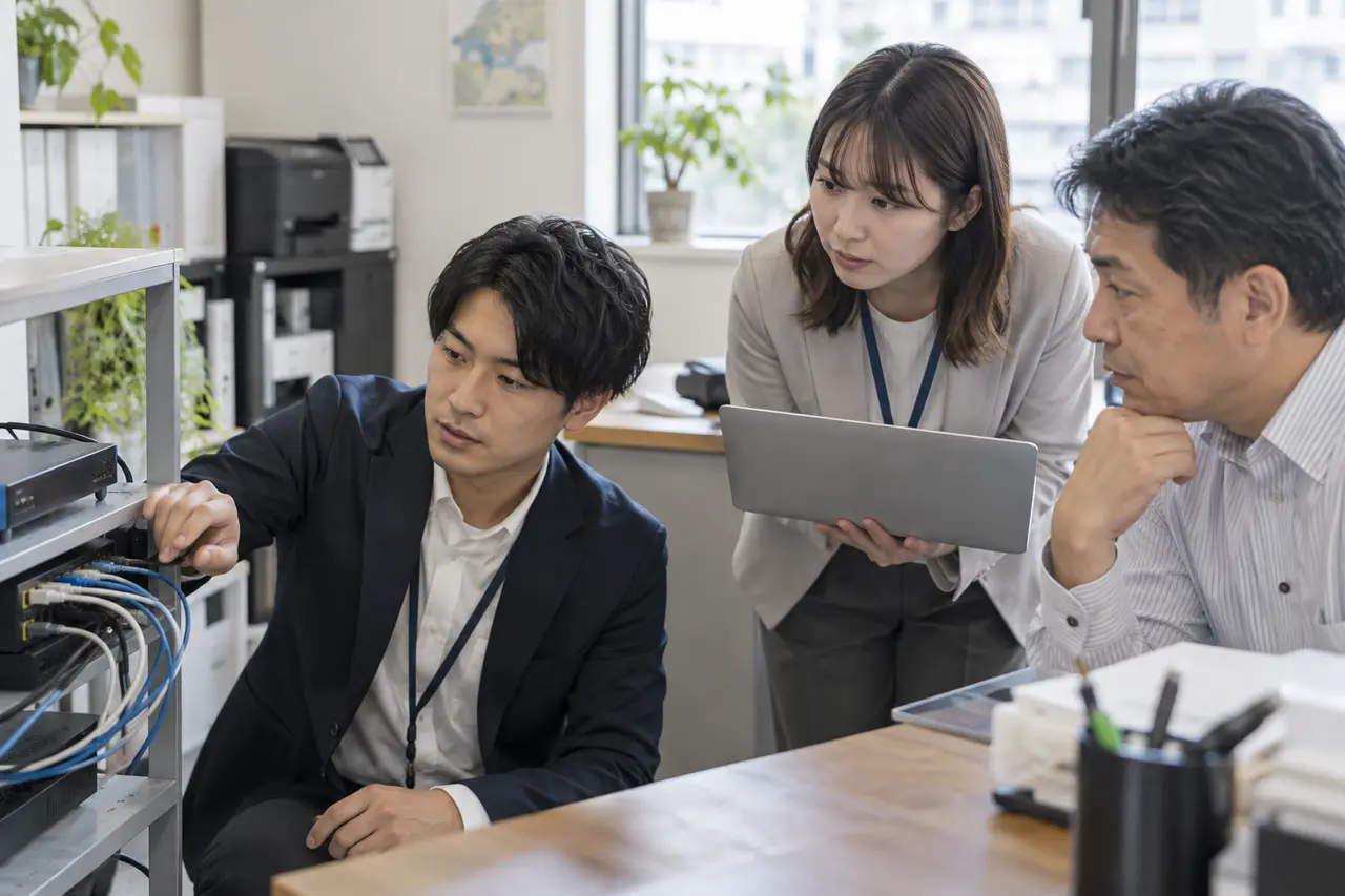 お客様の事務所でIT環境を確認する様子