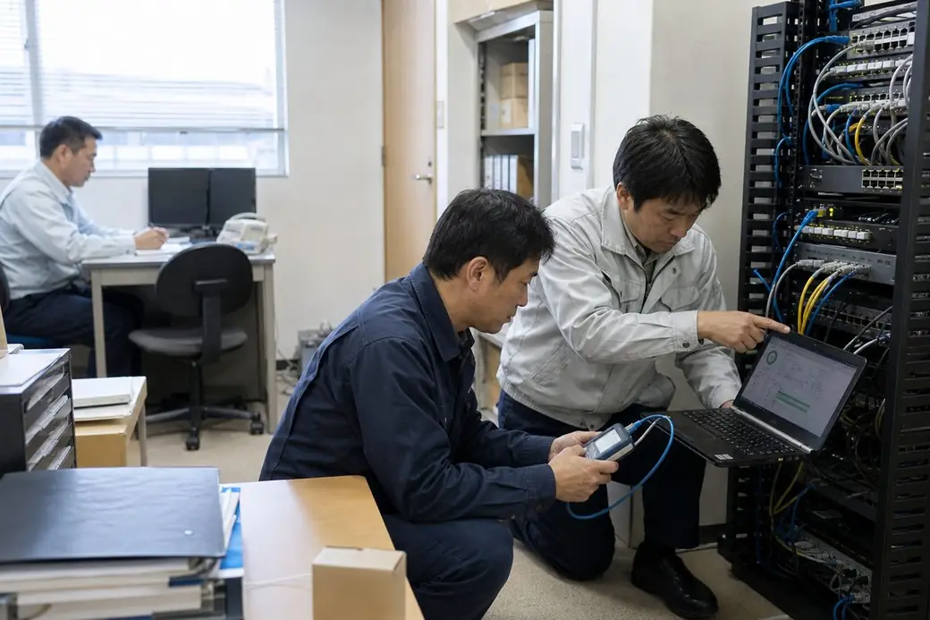 ネットワーク機器の動作をテストするスタッフ