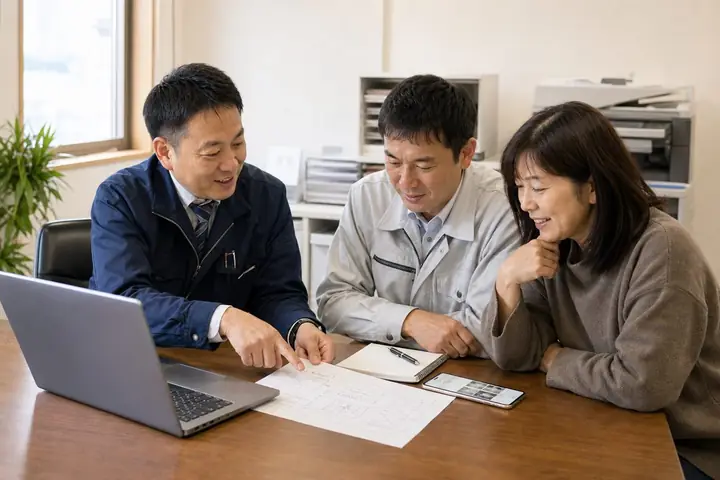 事務所開設のレイアウトを図面で打ち合わせる様子