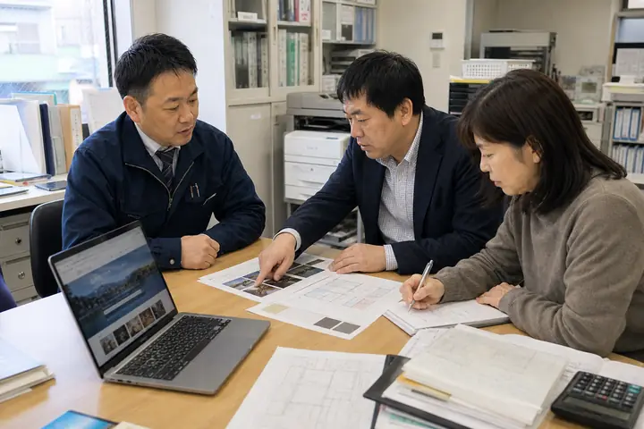 図面と資料を広げて関係者と調整する打ち合わせ