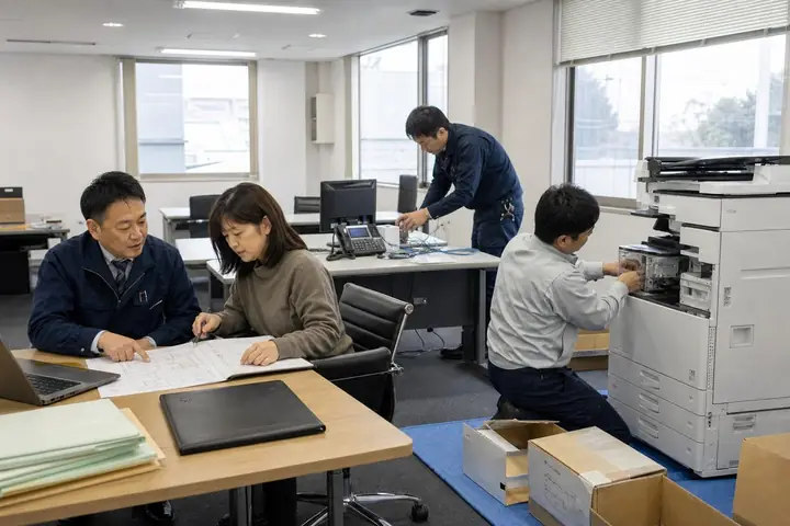 新しい事務所で複合機とパソコンを設置する作業