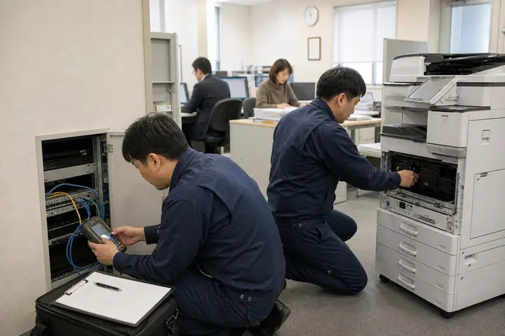 複合機とネットワーク機器を保守するスタッフ