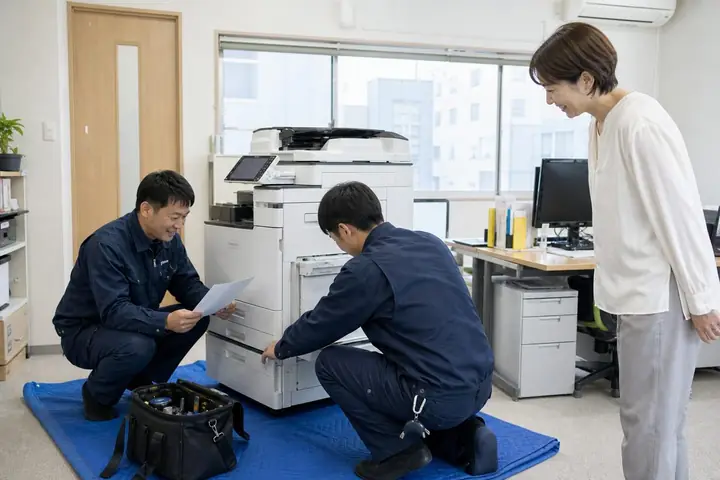 複合機を設置して初期設定するスタッフ
