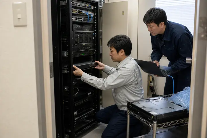 サーバーラックの通信機器を点検するスタッフ